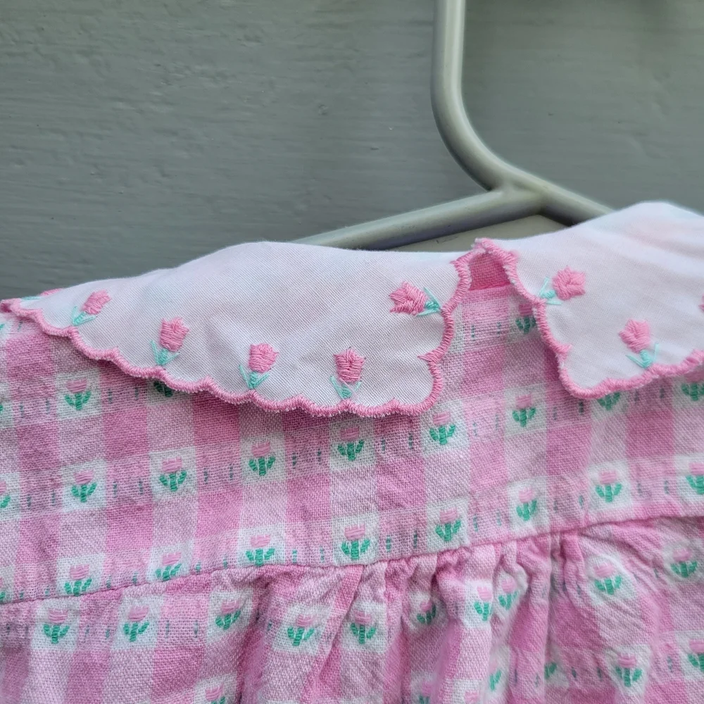 Vintage 90s Osh Kosh B'Gosh White Pink Cotton Check Floral Overalls Shirt Set 4T
